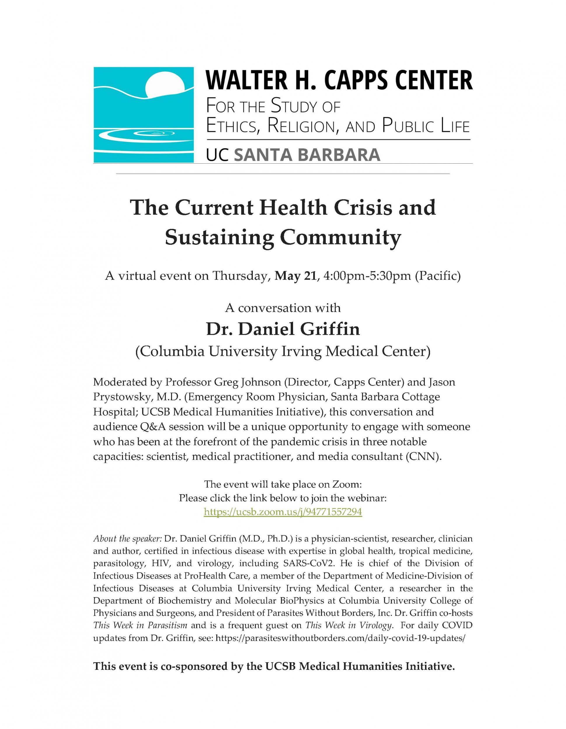 The Current Health Crisis and Sustaining Community, with Daniel Griffin Event Image